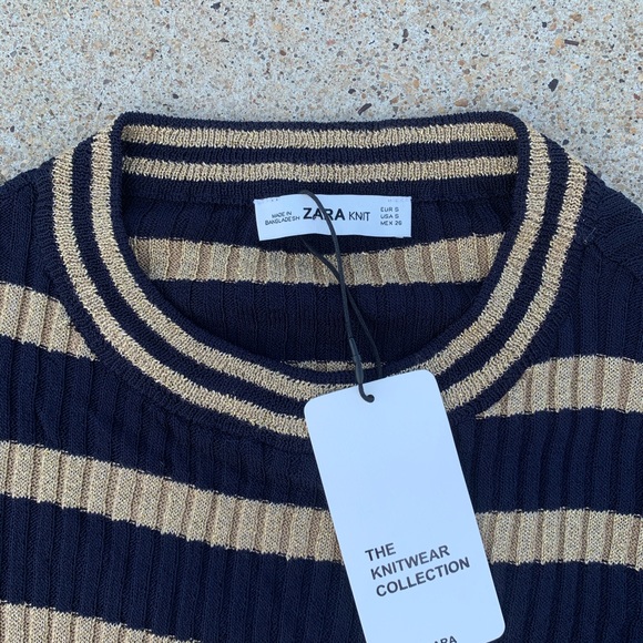 NWT Zara Navy & Gold Shimmer Long Sleeve Knit Top - Picture 3 of 4